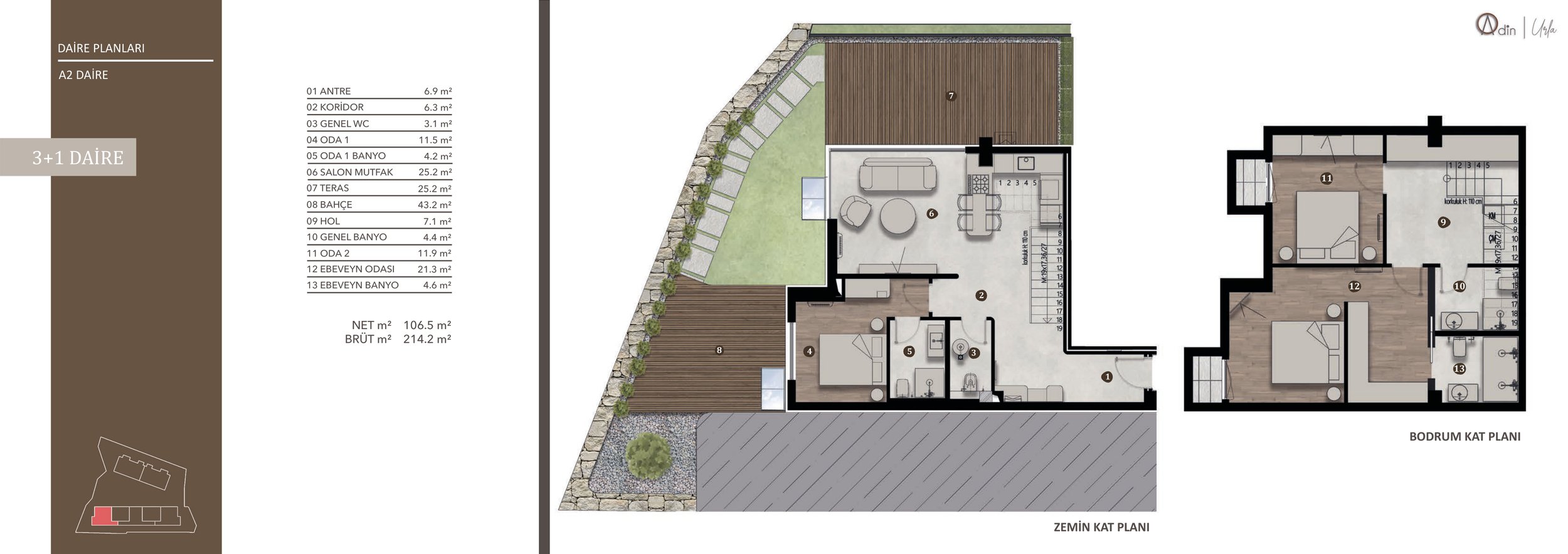 Urla Adin A2 3+1 daire planı