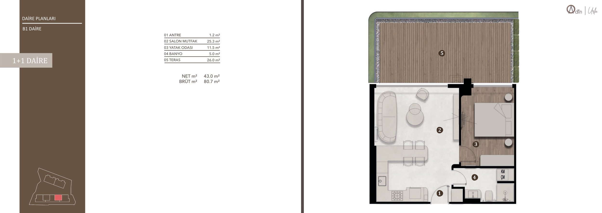 Urla Adin B1 1+1 daire planı